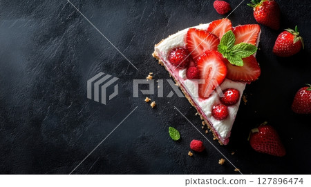 a slice of strawberry shortcake topped with fresh strawberries and mint leaves, dark textured background 127896474