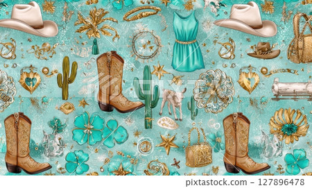 A vibrant turquoise collage showcases Western-themed elements like cowboy boots, hats, cacti, floral motifs 127896478