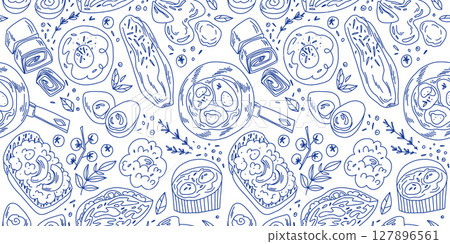 Outline pattern with egg breakfast, blue outlines on white background, coloring with food 127896561
