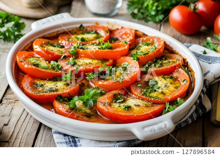 Delicious baked tomatoes with herbs and spices creating a flavorful culinary masterpiece 127896584