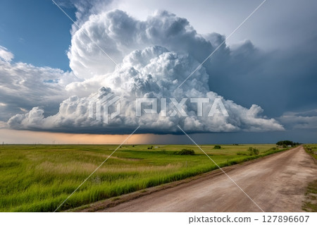 Supercell storm cloud forming over green fields and dirt road Supercell storm cloud forming over green fields and dirt road 127896607
