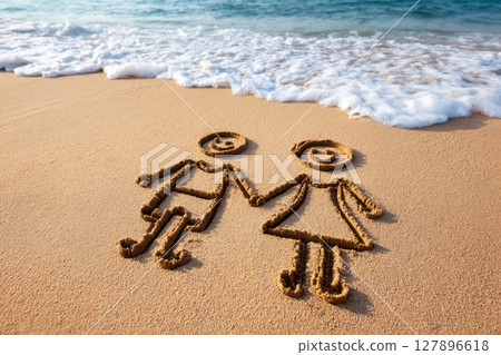 Couple of stick figures holding hands drawn on the beach sand 127896618