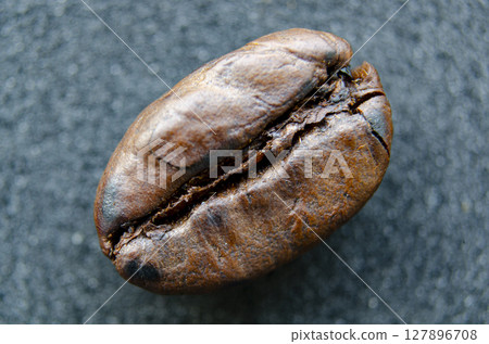 Slanted coffee bean closeup that captures the unique crack and glossy roast texture sitting against a neutral background 127896708