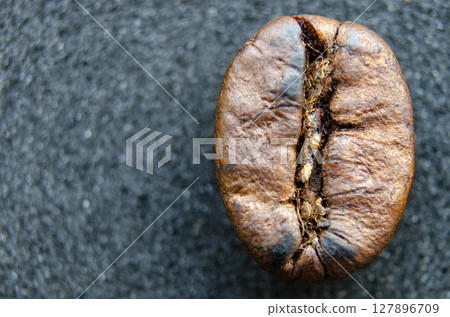 Top view of coffee bean with rich brown color sitting on a deep charcoal gray surface with customizable space for text Top view of coffee bean with rich brown color sitting on a deep charcoal gray surface with customizable space for text 127896709