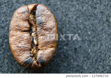 Brightly lit coffee bean with rich brown color sitting on a deep charcoal gray surface with customizable space for text 127896710