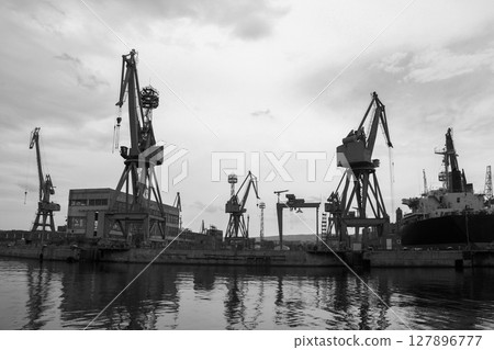 Black and white view of a harbor showcasing industrial infrastructure Black and white view of a harbor showcasing industrial infrastructure 127896777