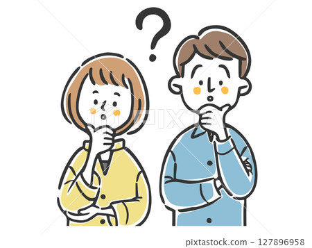 Illustration of a couple with doubts, upper body, vector 127896958