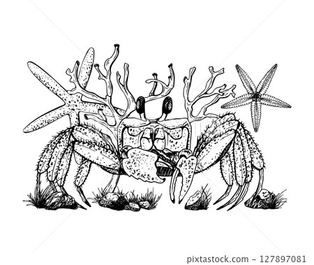 The black and white vector illustration showcases a detailed crab surrounded by starfish, coral, seaweed branches and rocks surrounded by wild grass. Hand drawn composition. Sketch in line art style 127897081