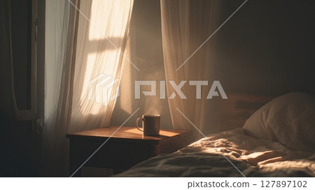 Sunlit bedroom scene with a steaming cup of coffee, inviting a sense of calm and comfort. 127897102