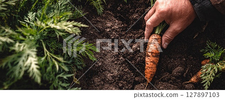 A farmer's hand pulling a fresh, vibrant carrot from the soil in a garden. 127897103