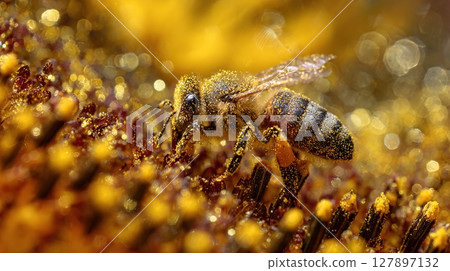 A busy bee covered in pollen diligently collects nectar from a sunflower. 127897132