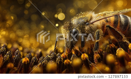 A honeybee covered in golden pollen, collects nectar from a sunflower. A honeybee covered in golden pollen, collects nectar from a sunflower. 127897133