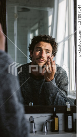 A man inspects his skin in the mirror, focusing on his face in a bathroom setting. A man inspects his skin in the mirror, focusing on his face in a bathroom setting. 127897144