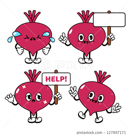 Cartoon Beets with diverse expressions and holding signs in a colorful illustration. Cartoon Beets with diverse expressions and holding signs in a colorful illustration. 127897171