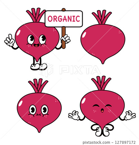 Fun and friendly cartoon Beets show off their organic and healthy qualities. 127897172