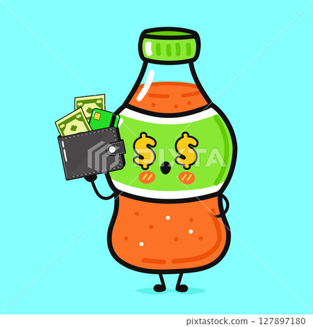 Cute cartoon soda bottle with money eyes and a wallet filled with cash. 127897180