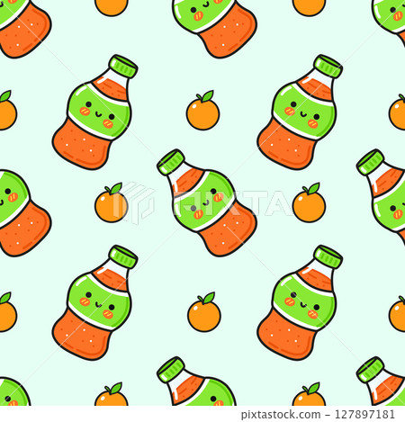 Cute, seamless pattern of orange juice bottles and oranges, perfect for designs. 127897181