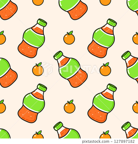 Seamless pattern of orange juice bottles and oranges on a soft beige backdrop. 127897182
