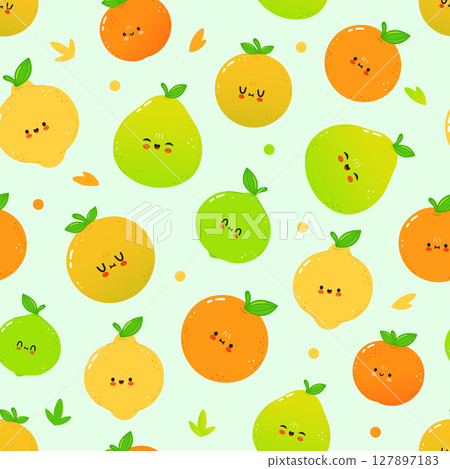 A delightful repeating pattern of cartoon fruits with happy expressions, perfect for various designs. 127897183