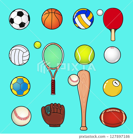 A vibrant collection of sports balls and equipment arranged on a teal background. 127897186