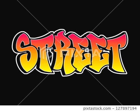 Colorful graffiti style word street set against a black backdrop, a bold urban design. 127897194