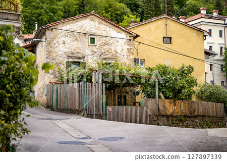 Rustic Street Scene In Vipava, Slovenia: Old Stone House With Wooden Doors And A Bench Beneath Overhanging Green Vines Along A Quiet Winding Lane In The Countryside 127897339