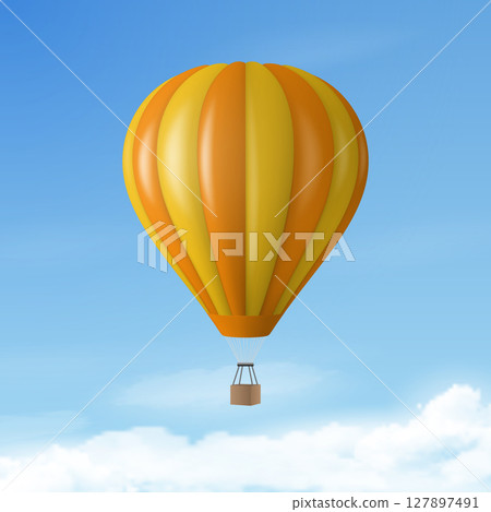 Vector Travel Banner with 3d Realistic Hot Air Balloon Icon on a Blue Sky Background. Design Template, Summer Vacation, Travelling, Tourism and Journey Concept Vector Travel Banner with 3d Realistic Hot Air Balloon Icon on a Blue Sky Background. Design Template, Summer Vacation, Travelling, Tourism and Journey Concept 127897491