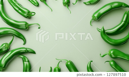 Green chili pepper circular arrangement copy space blank center, organic natural seasoning 127897510