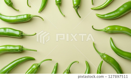 Green chili pepper circular arrangement copy space blank center, organic natural seasoning Green chili pepper circular arrangement copy space blank center, organic natural seasoning 127897511