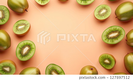 Kiwi slice organic fruit botanical harvesting copy space blank center circular arrangement Kiwi slice organic fruit botanical harvesting copy space blank center circular arrangement 127897512