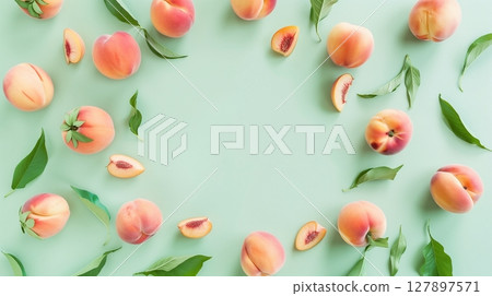 Peach fruit slice organic botanical harvesting copy space blank center circular arrangement 127897571