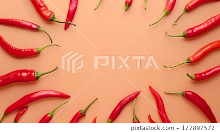 Red chili pepper circular arrangement copy space blank center, organic natural seasoning Red chili pepper circular arrangement copy space blank center, organic natural seasoning 127897572