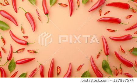 Red chili pepper circular arrangement copy space blank center, organic natural seasoning 127897574