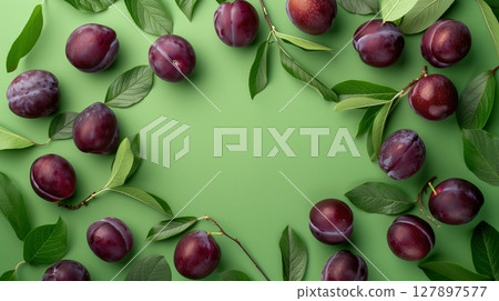 Plum fruit slice organic botanical harvesting copy space blank center circular arrangement 127897577