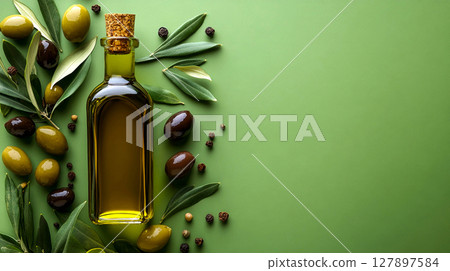 A bottle of olive oil surrounded by fresh olives, olive leaves and various spices on a green background. A bottle of olive oil surrounded by fresh olives, olive leaves and various spices on a green background. 127897584