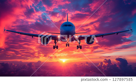 An airplane flying in the sky during a bright sunset. An airplane flying in the sky during a bright sunset. 127897585