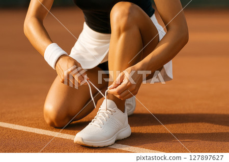 Female Athlete Tying Shoelaces on Tennis Court. 127897627