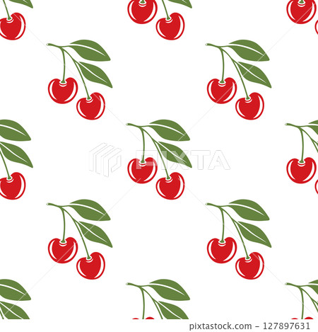 Vector Seamless Pattern with Cutout Cherry. Single, Pair of Cherries and Cluster of Cherries with Leaves , Repeated Print. Cherry Art, Design Template, Vector Illustration Vector Seamless Pattern with Cutout Cherry. Single, Pair of Cherries and Cluster of Cherries with Leaves , Repeated Print. Cherry Art, Design Template, Vector Illustration 127897631