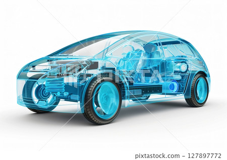 Sleek electric car displayed against a white background, showcasing its advanced battery and chassis with a futuristic transparent view 127897772