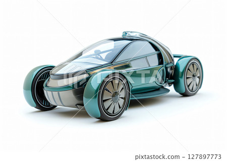 Futuristic green concept car with an aerodynamic design, standing on a white background 127897773