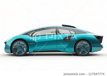 Side view of a generic electric sports car with a teal paint job on a white background 127897774