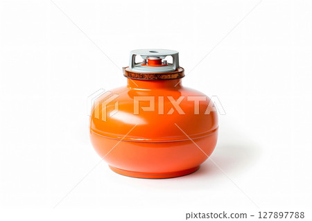 Orange propane gas cylinder standing on a white background, essential equipment for outdoor cooking and heating 127897788