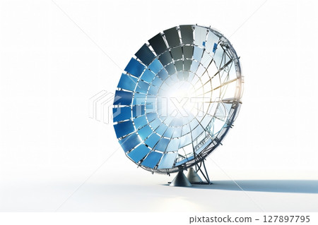 Large parabolic solar dish is concentrating sunlight to generate renewable energy, showcasing sustainable power technology 127897795