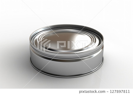 Sleek silver tin can on white background for food storage, branding, and labeling Sleek silver tin can on white background for food storage, branding, and labeling 127897811