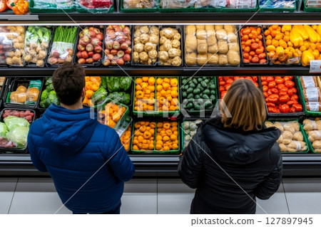 Customers choosing fresh produce at grocery store fruit and vegetable section 127897945