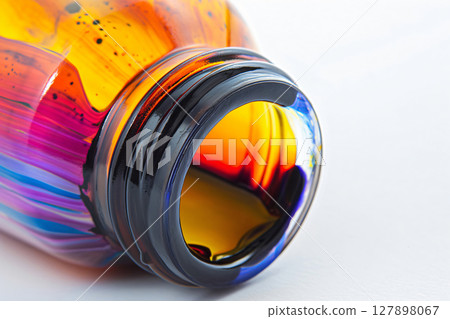 Colorful dye fills a glass bottle on a white surface, creating a vibrant rainbow perfect for art and science projects 127898067