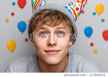 Teenager wearing party hat smiling at birthday party 127898203
