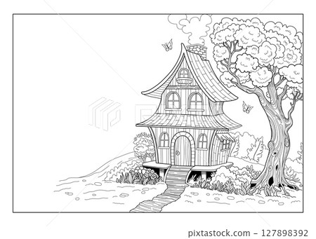Coloring page with of cozy fairytale house with tree and butterflies. For kids and adults coloring book, kids activities, poster and educational material. Outline vector doodle illustration. Coloring page with of cozy fairytale house with tree and butterflies. For kids and adults coloring book, kids activities, poster and educational material. Outline vector doodle illustration. 127898392