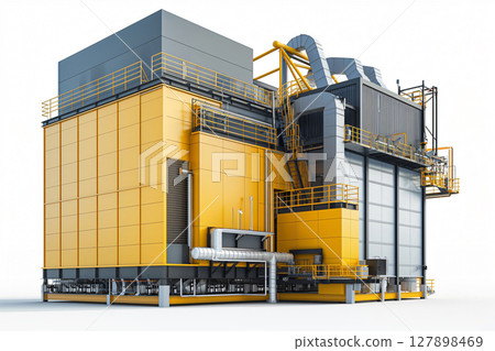 Modern biomass power plant standing on a white background, showcasing its role in generating sustainable and renewable energy 127898469