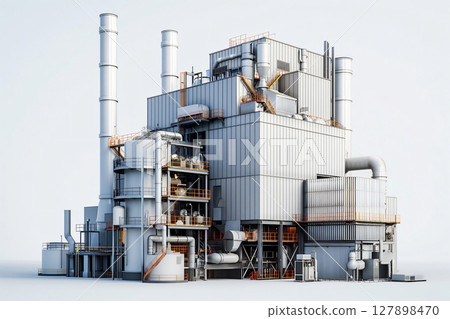Biomass power plant standing tall against a clear sky, representing the production of sustainable and renewable energy Biomass power plant standing tall against a clear sky, representing the production of sustainable and renewable energy 127898470